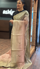 Sage green and blush pink dual-tone pure organza saree front drape